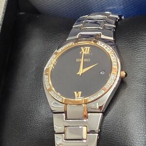 Seiko Women's Two Tone Watch Black Dial Crystal Bezel Date Stainless Steel NWOT